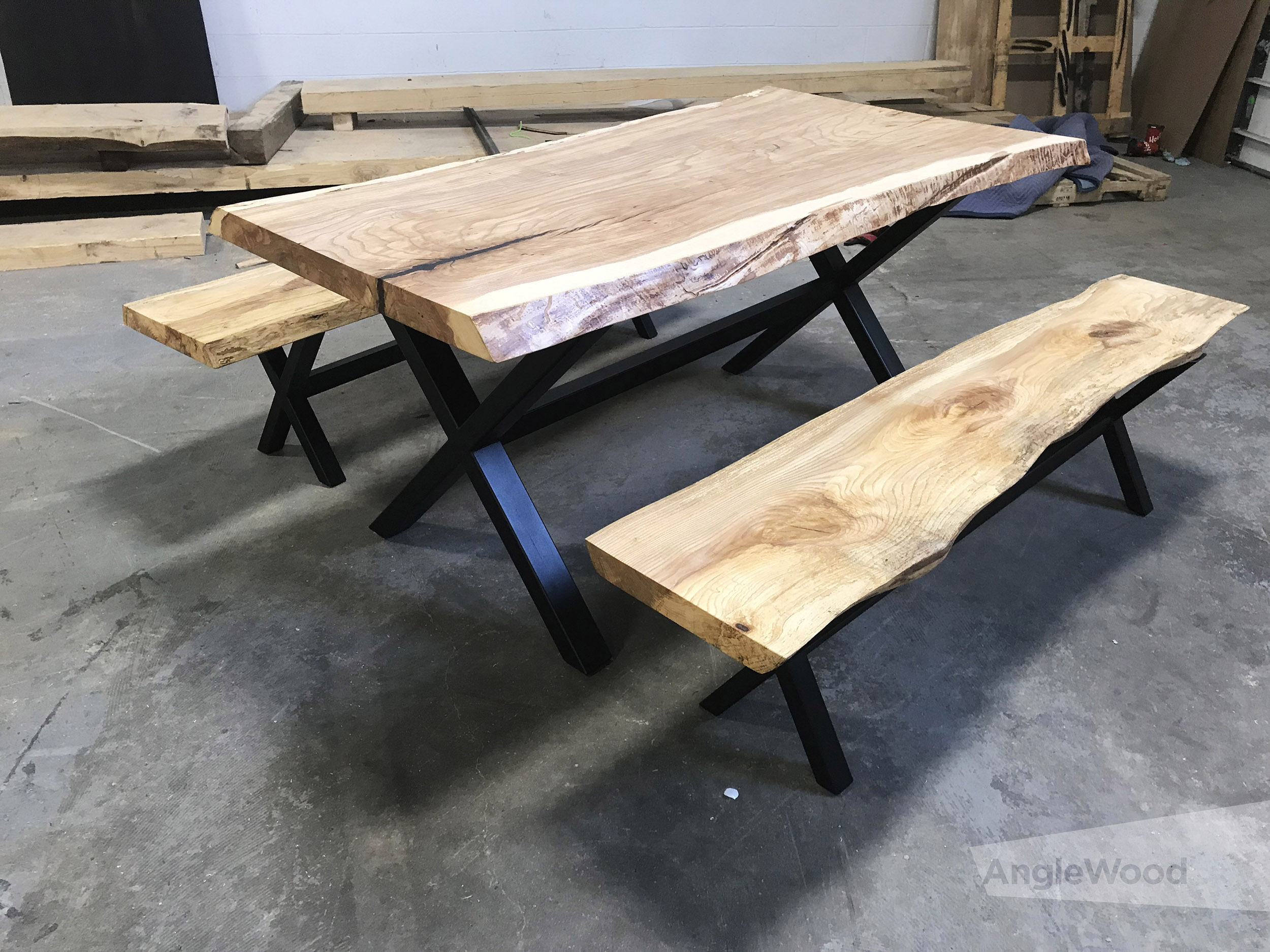 Ash Live Edge Dining Table and Benches with X Legs