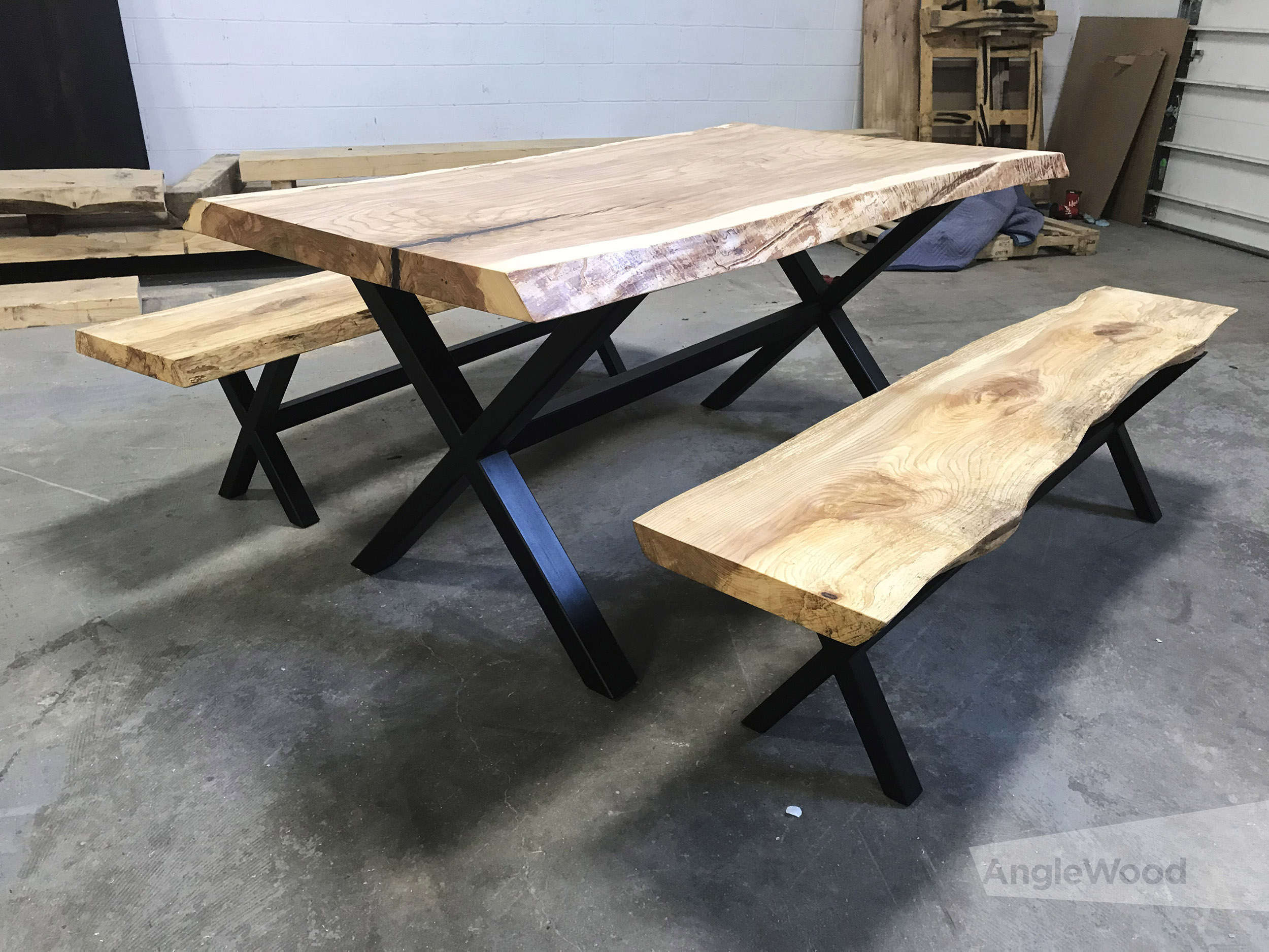 Ash Live Edge Dining Table and Benches with X Legs
