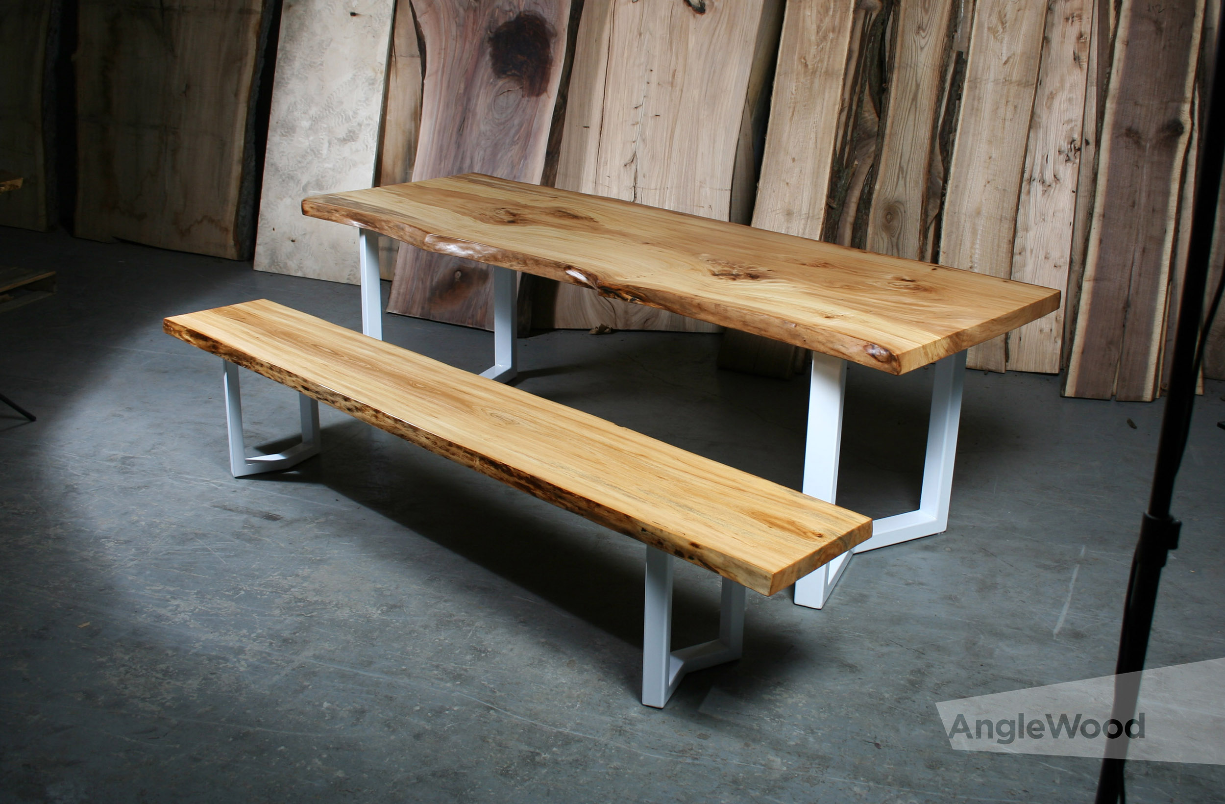 Elm Single Slab Dining Table and Bench with V Legs
