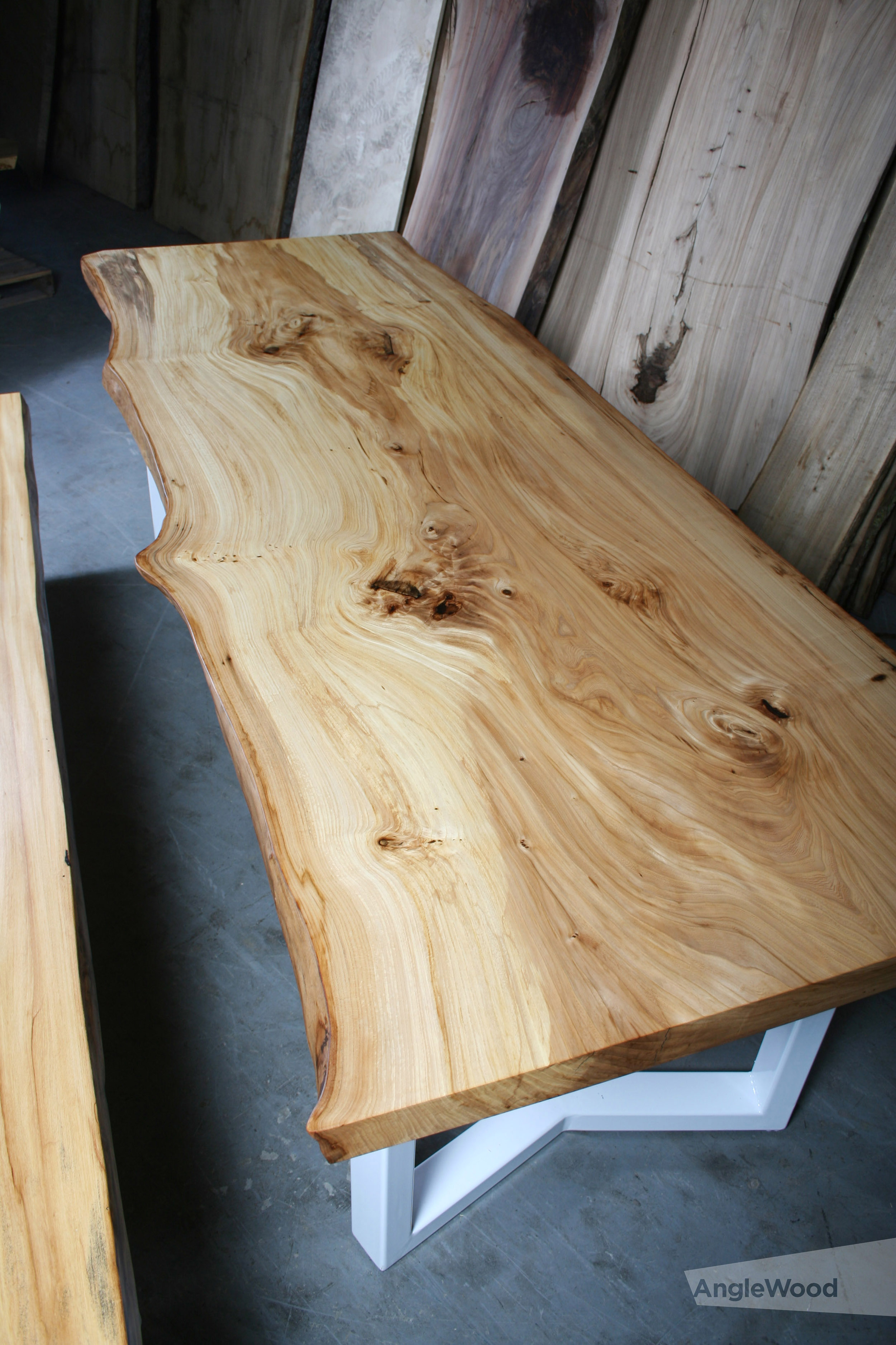 Elm Single Slab Dining Table and Bench with V Legs