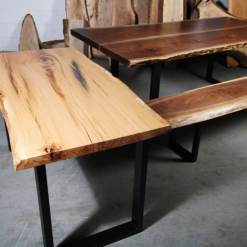 Walnut and Oak Live Edge Table and Bench with U Shape Legs Anglewood