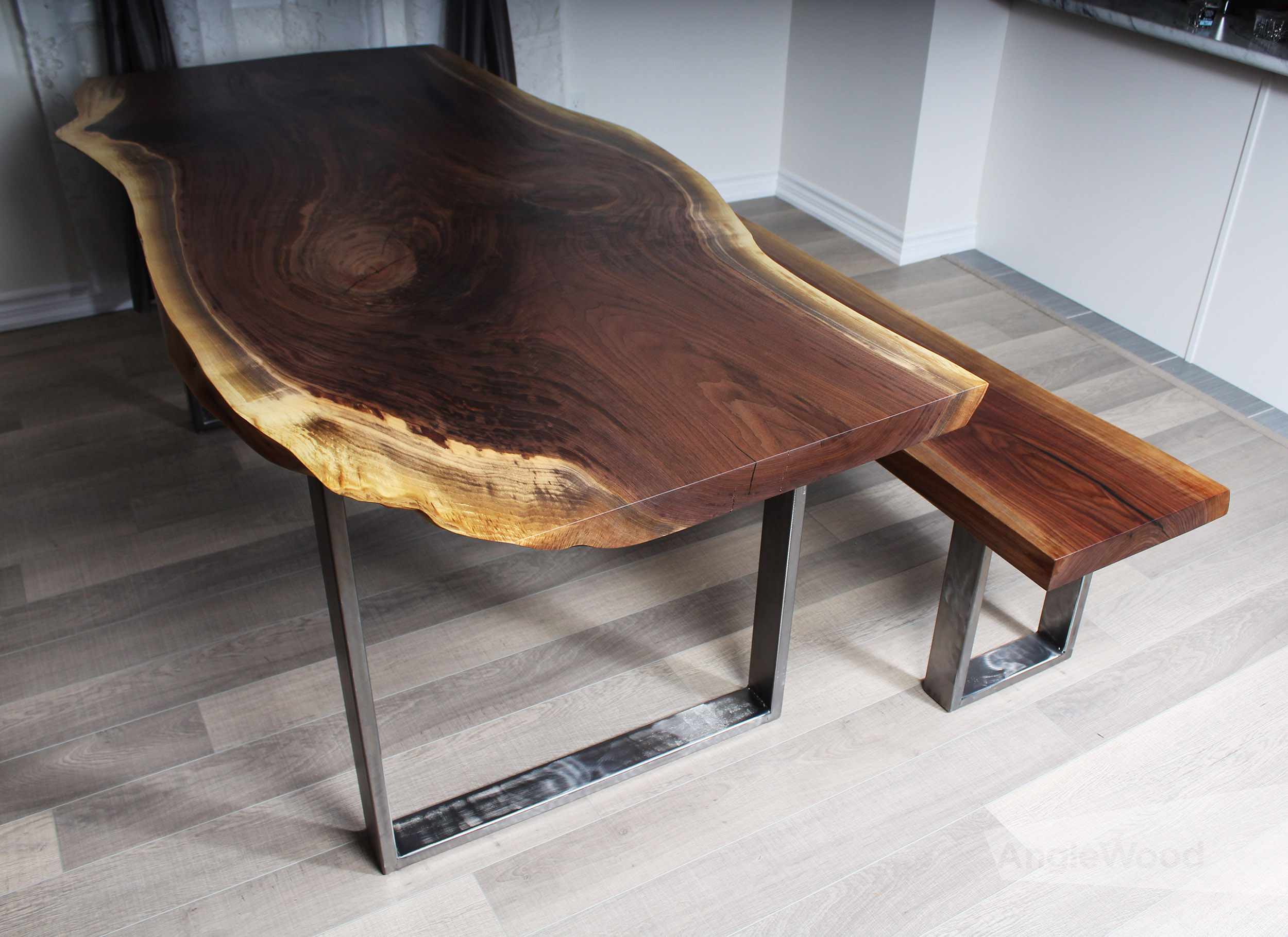Walnut Single Slab Dining Table and Bench