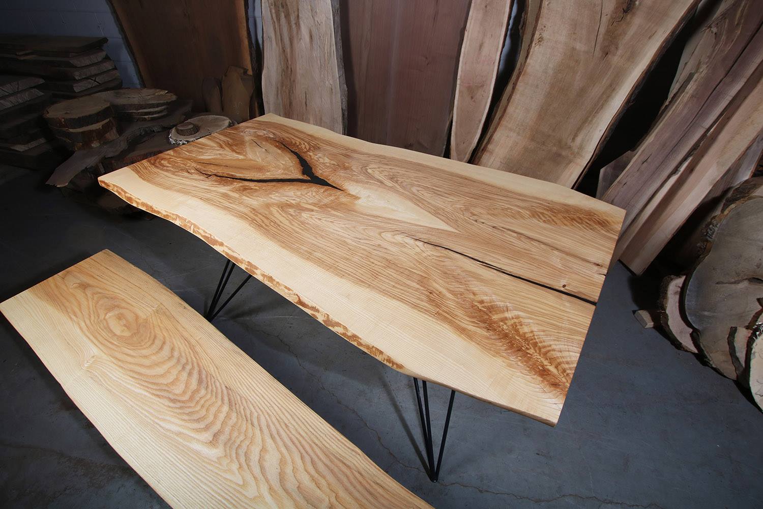 Ash Live Edge Dining Table plus matching Bench