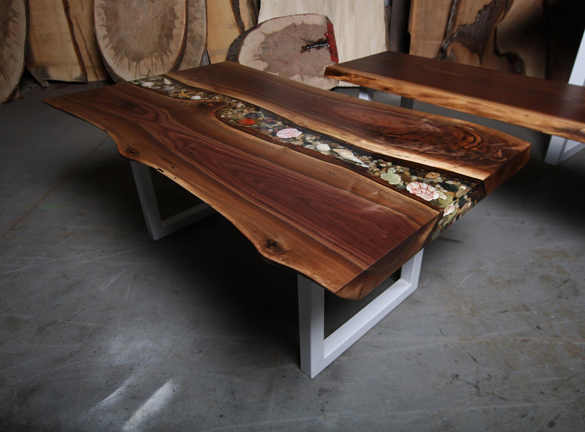 Live Edge Walnut Coffee Table with Rock filled River - Anglewood Furniture