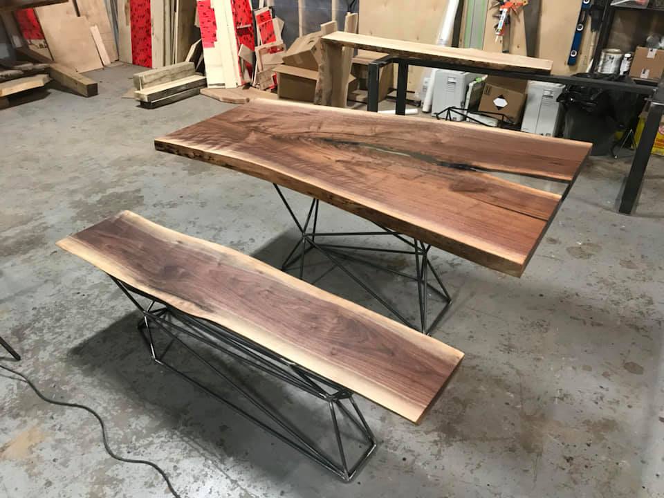 Single Slab Dining Walnut Table plus Bench