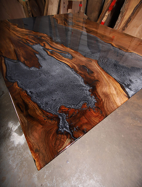 Walnut Kitchen Table with Epoxy River and Flood Coating 