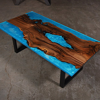 Coffee Table with Walnut Slab in Blue Epoxy Base
