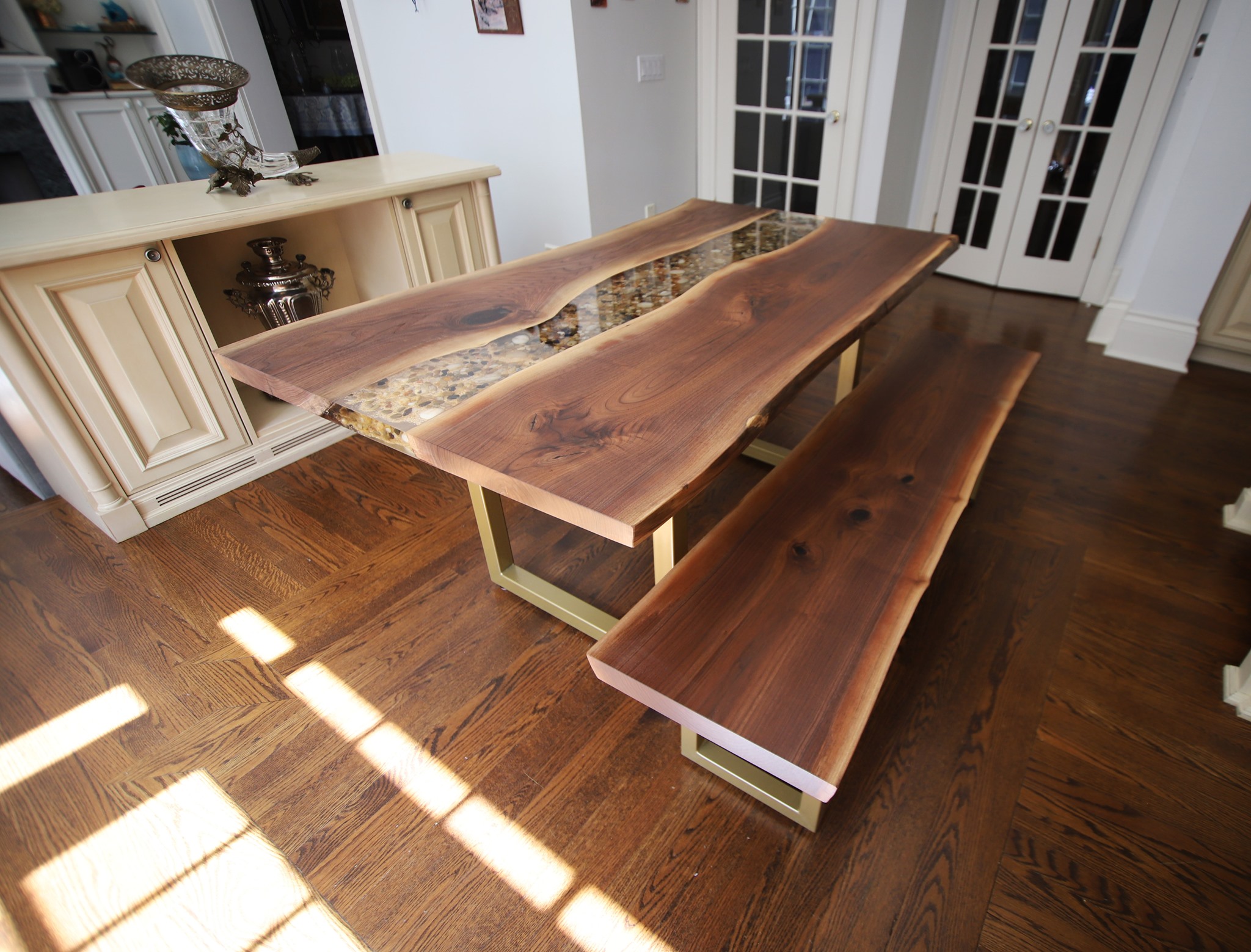Walnut Dining River Table with Gold Legs
