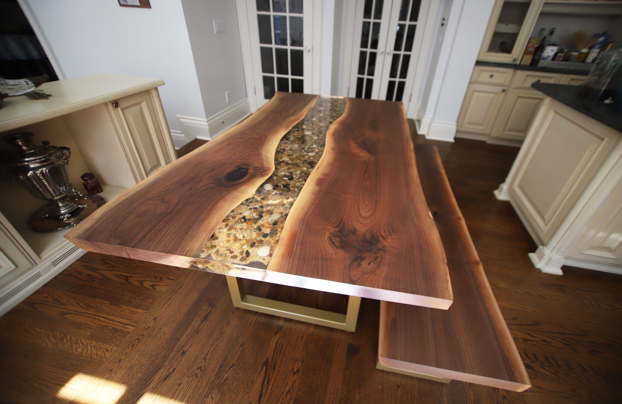 Walnut Dining River Table with Gold Legs
