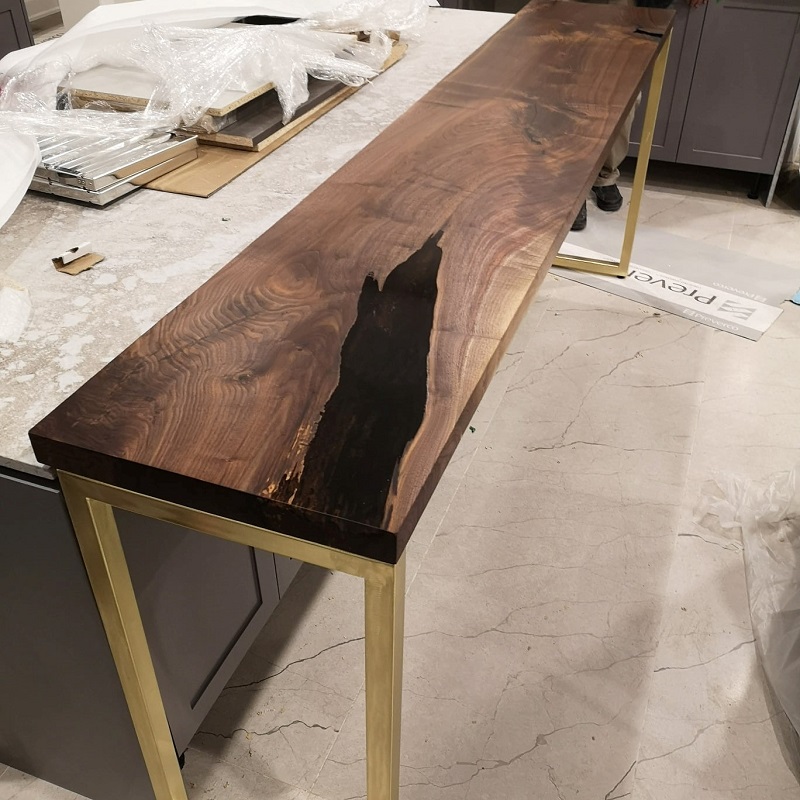 Walnut Counter Extension with Clear Epoxy Hole and Gold Legs