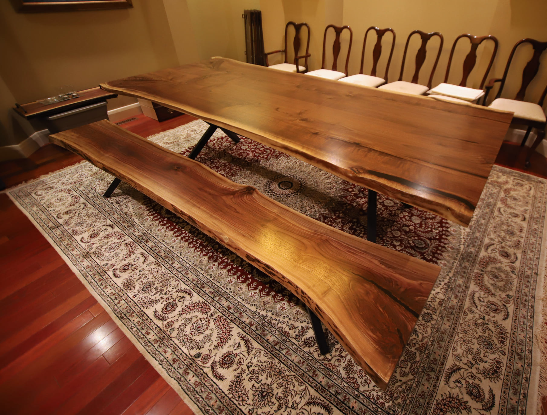 Bookmatched Walnut Dining Table and Bench