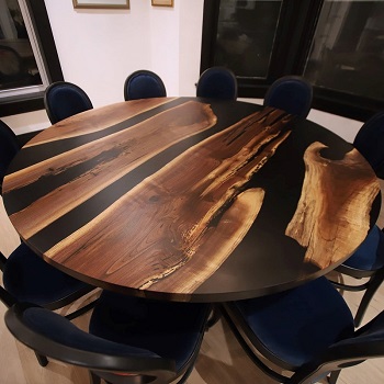 Round Walnut Resin Dining Table, Round Resin Table