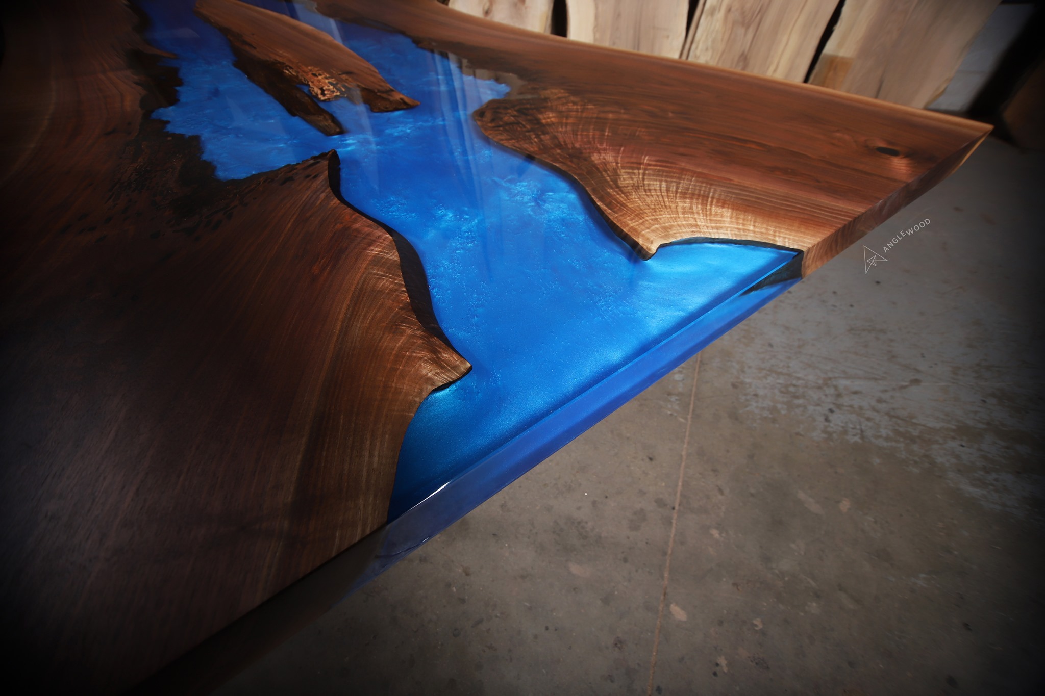 Walnut Live Edge Dining Table with Blue Epoxy River