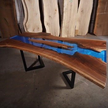 Walnut Live Edge Dining Table with Blue Epoxy River
