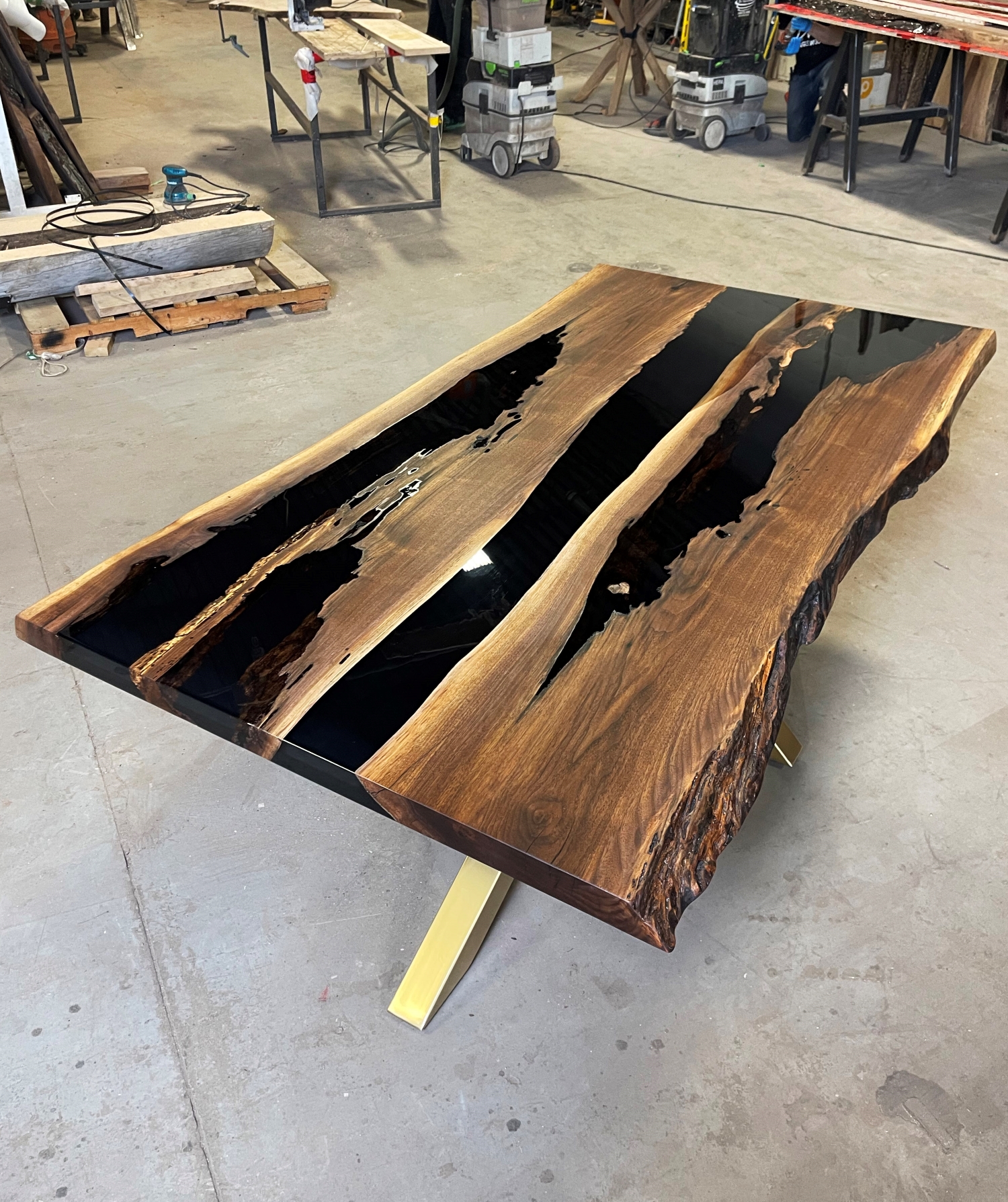 Walnut Dining Table with Black Base Clear Polished Top Epoxy ...