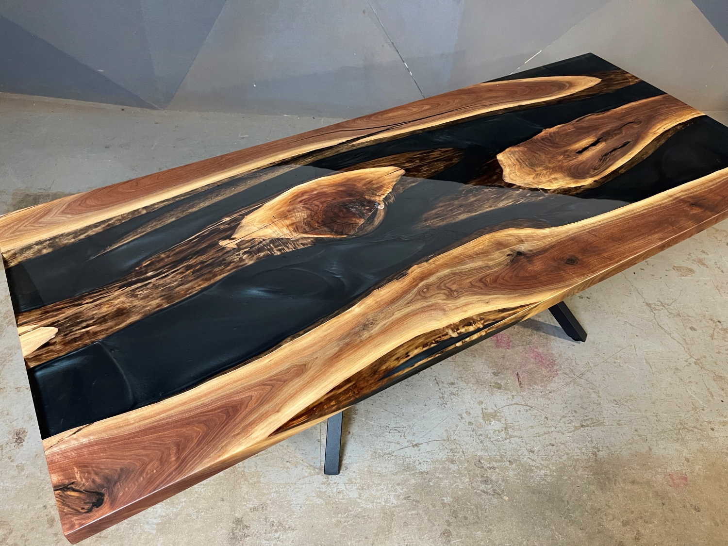 Walnut Dining Table with Black Base Clear Top Epoxy - Anglewood Furniture