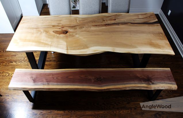 Maple Single Slab Dining Table with Walnut Bench - Anglewood Furniture