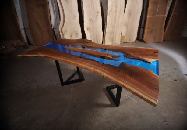 Walnut Live Edge Dining Table with Blue Epoxy River Anglewood