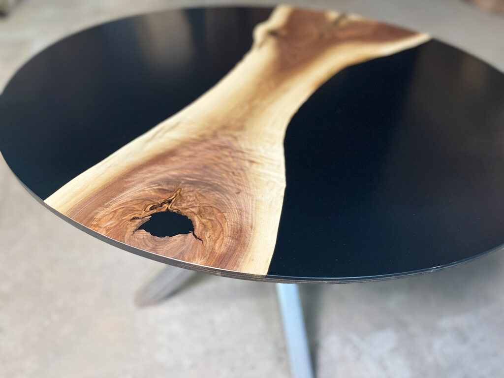 Dining Round Walnut Table with Solid Black Epoxy overview