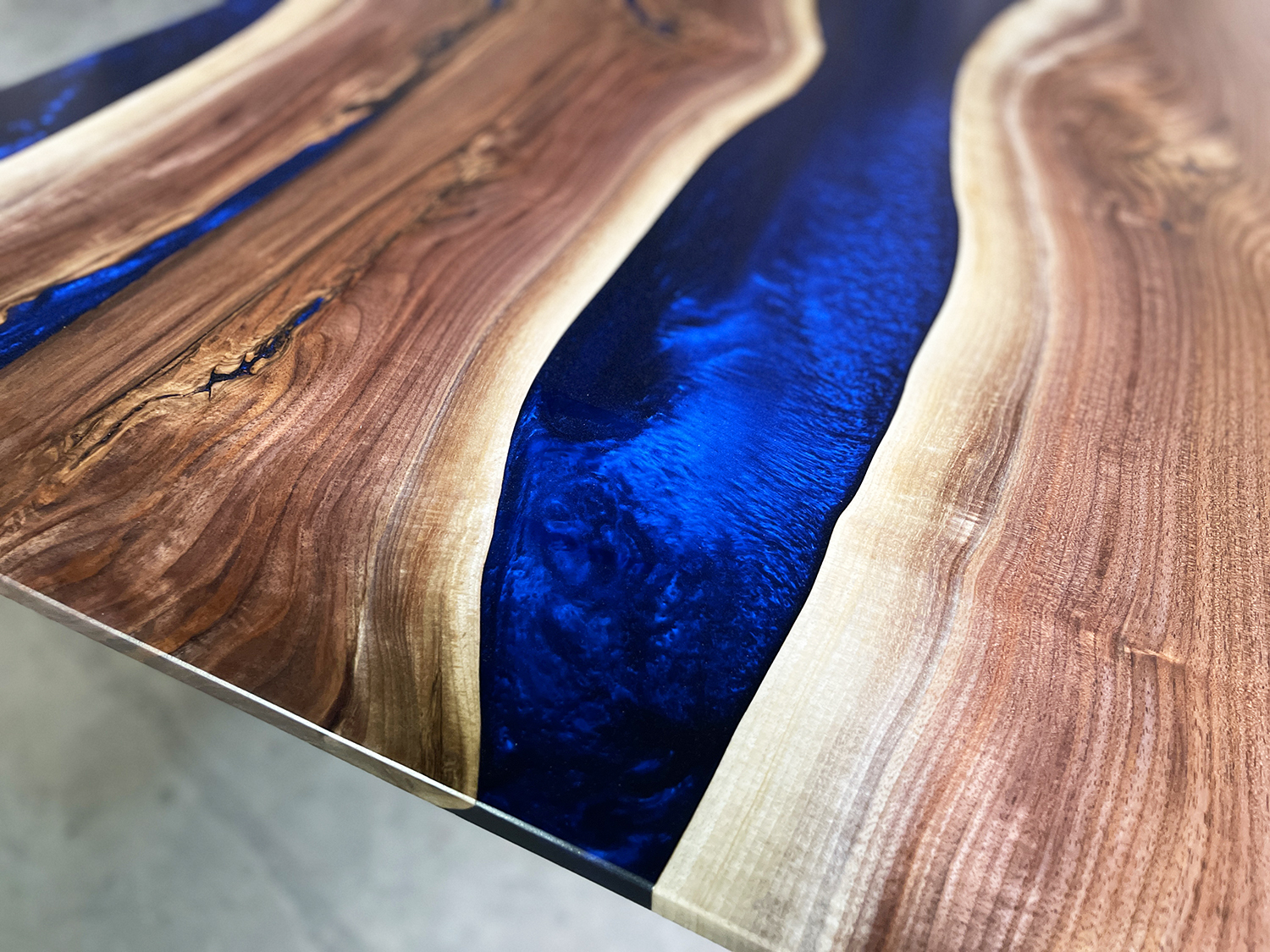 Walnut Dining River Table with Solid Deep Blue Marble Epoxy - Anglewood ...