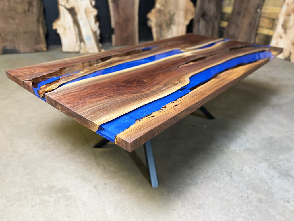 Walnut-river-dining-table-ocean-blue-clear-top-rustic-angle-wood-overview