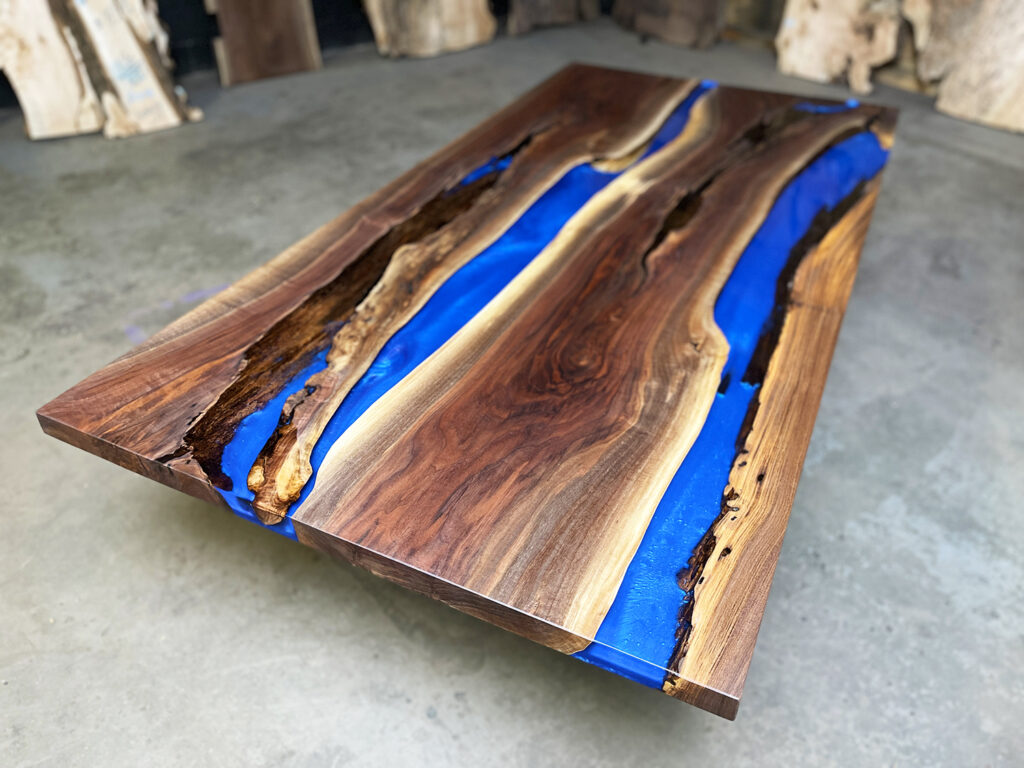 Walnut-river-dining-table-ocean-blue-clear-top-rustic-angle-wood-above