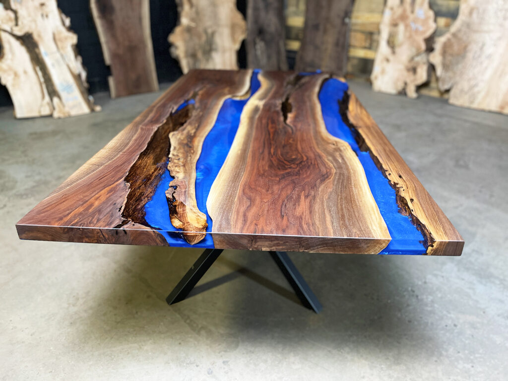Walnut-river-dining-table-ocean-blue-clear-top-rustic-angle-wood-side