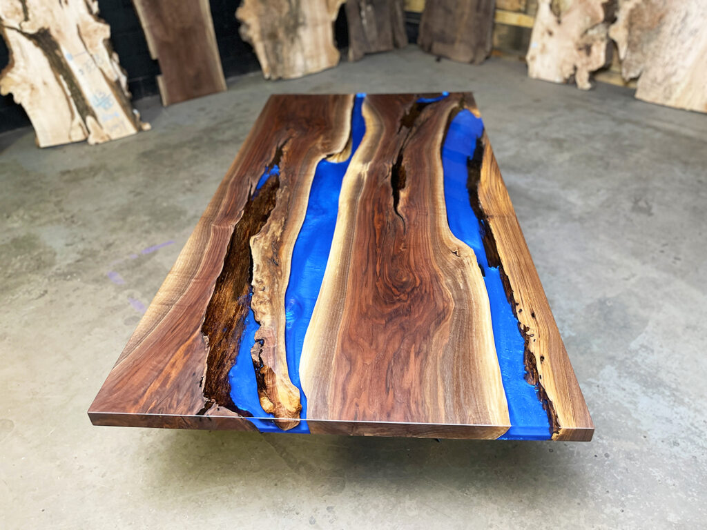 Walnut-river-dining-table-ocean-blue-clear-top-rustic-angle-wood-higher-view