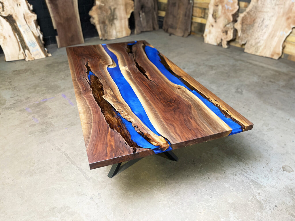 Walnut-river-dining-table-ocean-blue-clear-top-rustic-angle-wood-far-view