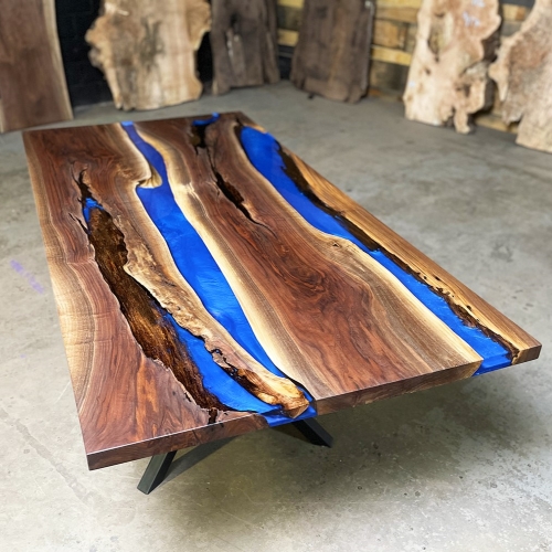 Walnut-river-dining-table-ocean-blue-clear-top-rustic