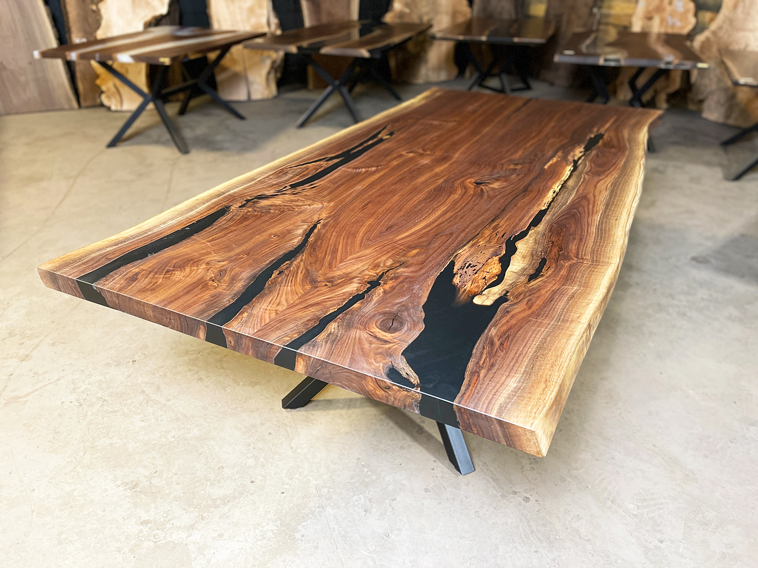 Walnut Jointed Dining Table With Solid Black Base Clear Unpolished Top 