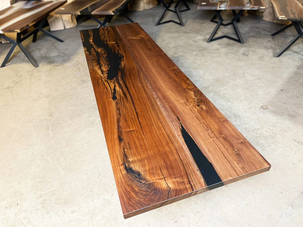 Narrow Walnut Dining Table with Solid Black Epoxy - above view