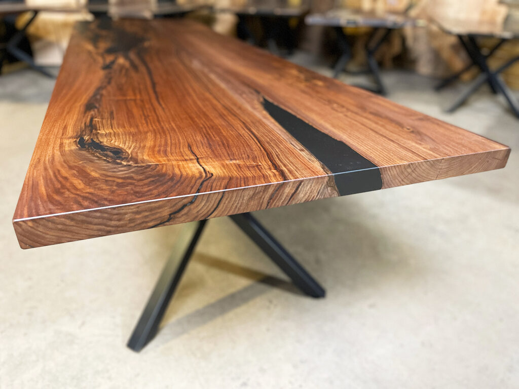 Narrow Walnut Dining Table with Solid Black Epoxy - thick and sturdy