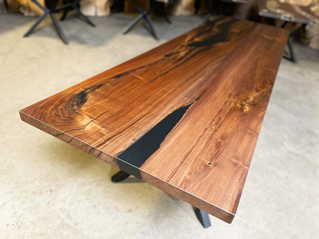 Narrow Walnut Dining Table with Solid Black Epoxy - dining or hallway