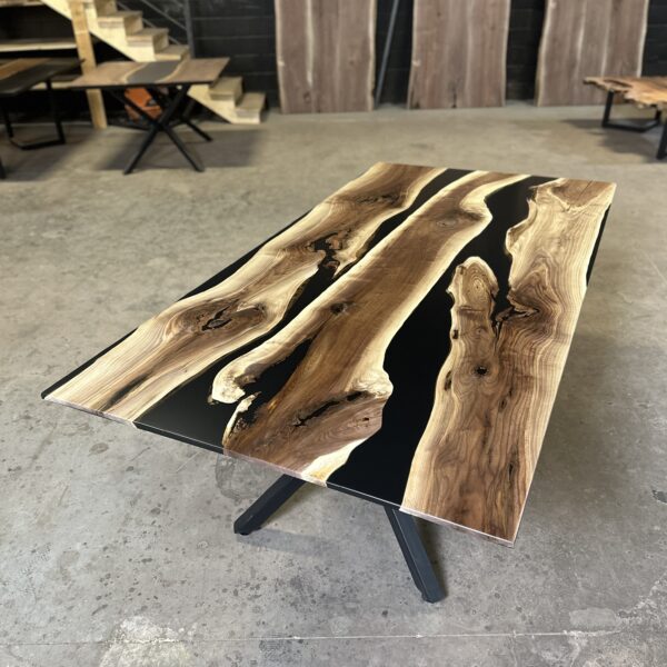 Walnut-Dining-Table-Black-Base-clear-top-angle-wood