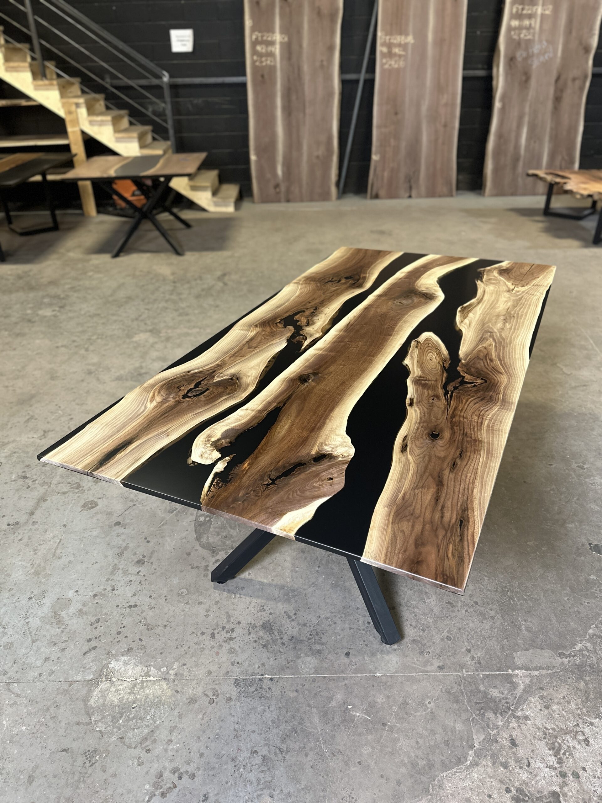 Walnut-Dining-Table-Black-Base-clear-top-angle-wood