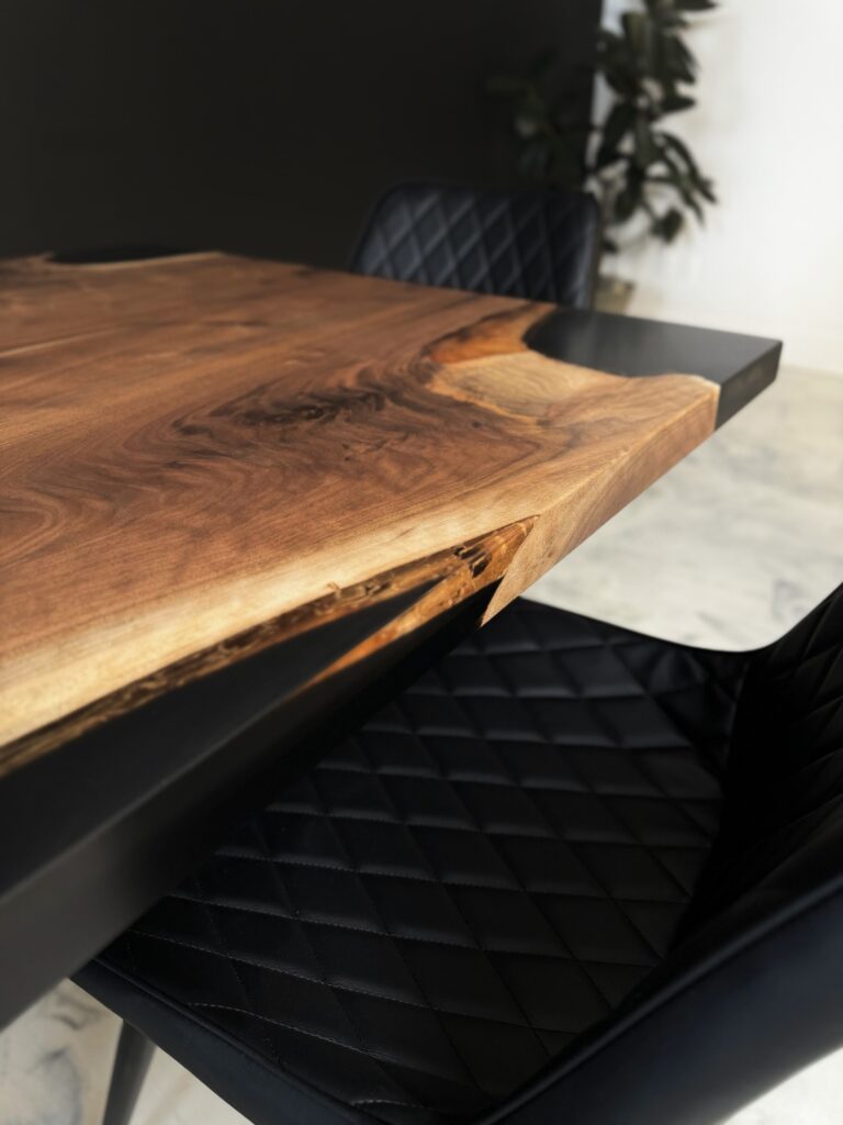 Custom Dining Table Canada - Walnut & Metallic Dark Grey - wood epoxy transition