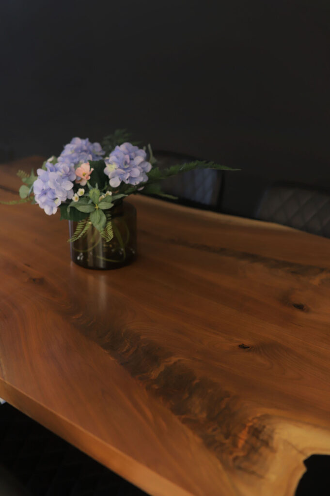 Rustic Dining Table Dark Grey Metallic with Urethane Finish - Wood grain details