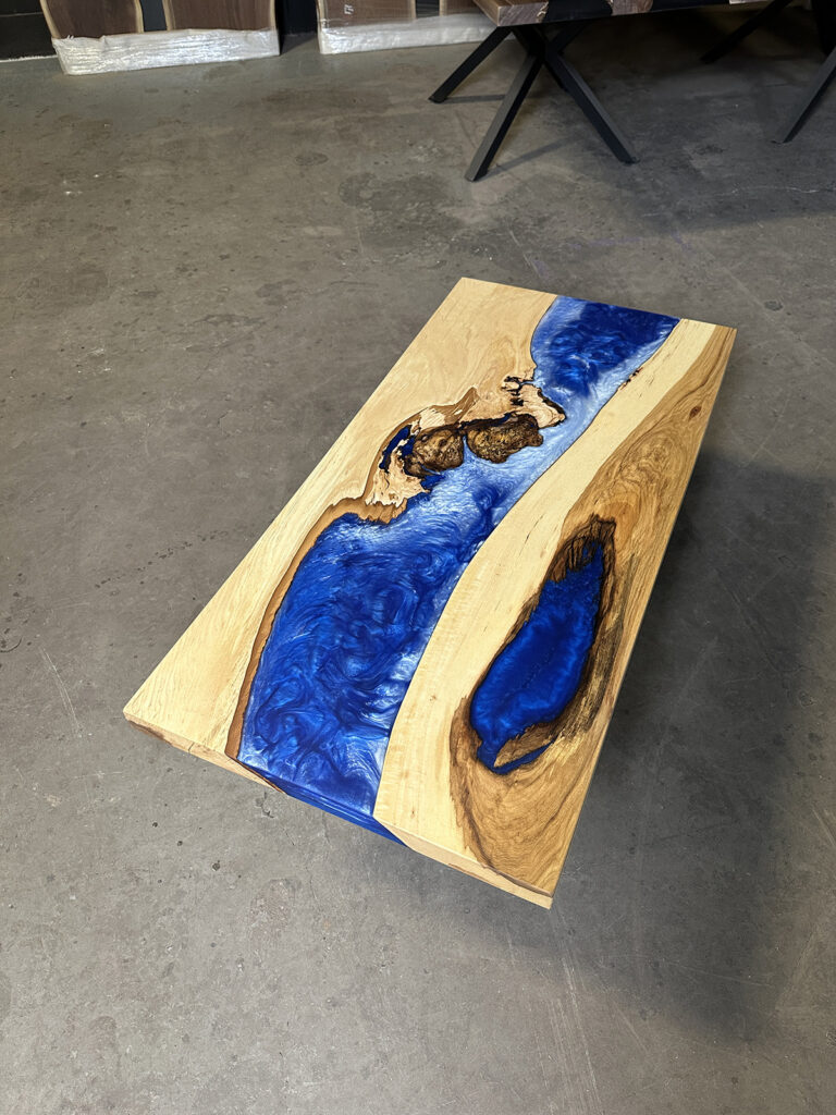 Wood Coffee Table with Blue Epoxy above