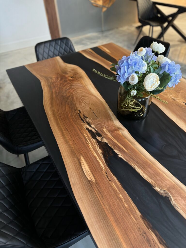 Walnut Dining Room Table - Dark Grey & Clear Epoxy - wood knot