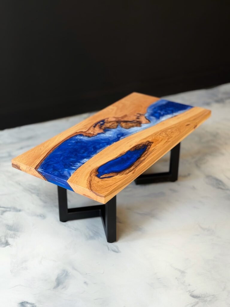 Hickory Wood Coffee Table - Blue Epoxy - overview