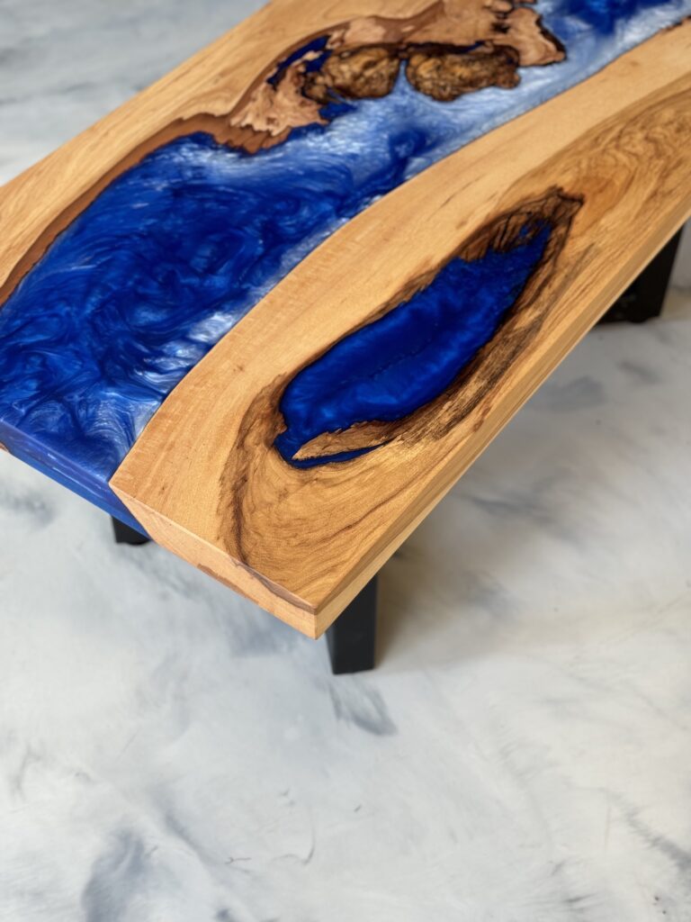 Hickory Wood Coffee Table - Blue Epoxy - beautiful blue epoxy
