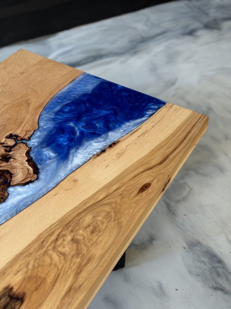Hickory Wood Coffee Table - Blue Epoxy - side view