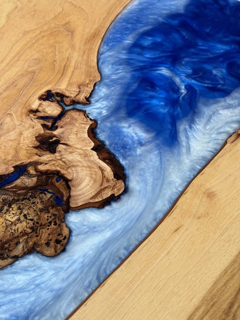 Hickory Wood Coffee Table - Blue Epoxy - details