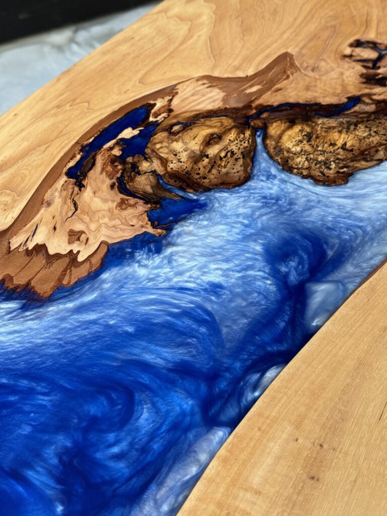 Hickory Wood Coffee Table - Blue Epoxy - mix of wood and epoxy