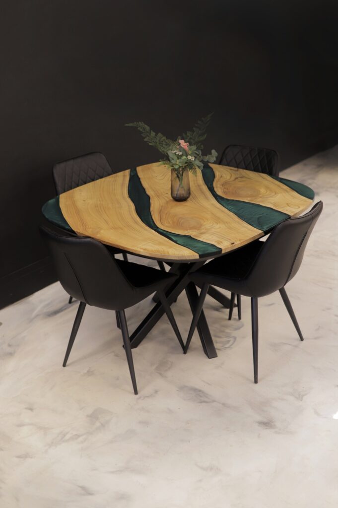 Oval Kitchen Table - Green Epoxy & Catalpa Wood Furniture - overview