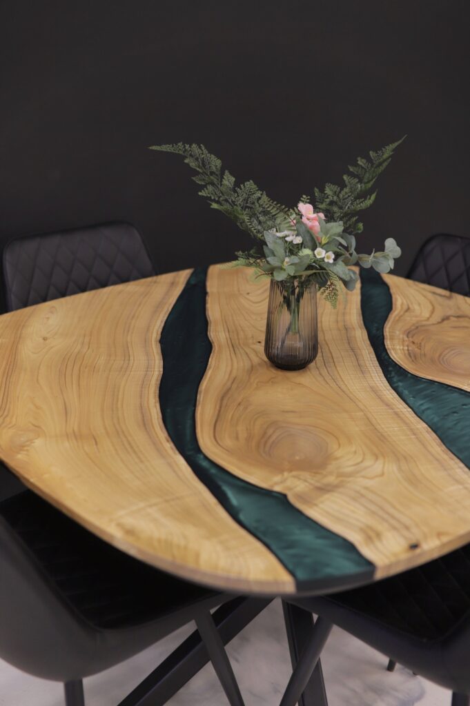 Oval Kitchen Table - Green Epoxy & Catalpa Wood Furniture - wood grain
