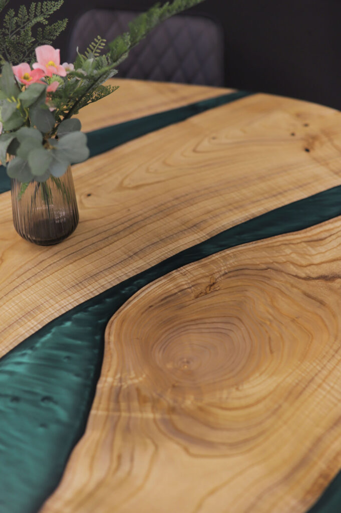 Oval Kitchen Table - Green Epoxy & Catalpa Wood Furniture - wood knot