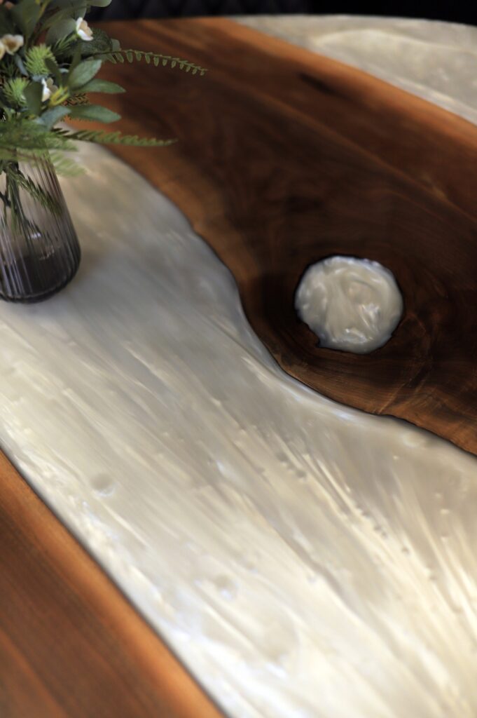 Kitchen Table Oval - Walnut & White Metallic Epoxy - white epoxy details