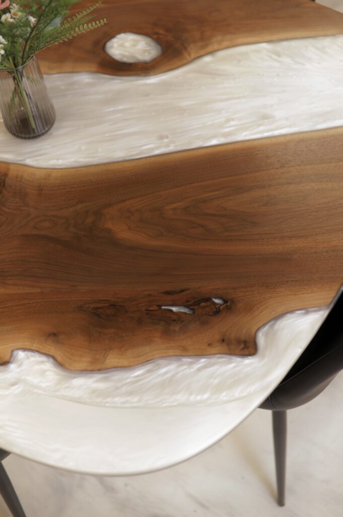 Kitchen Table Oval - Walnut & White Metallic Epoxy - mix of wood and epoxy